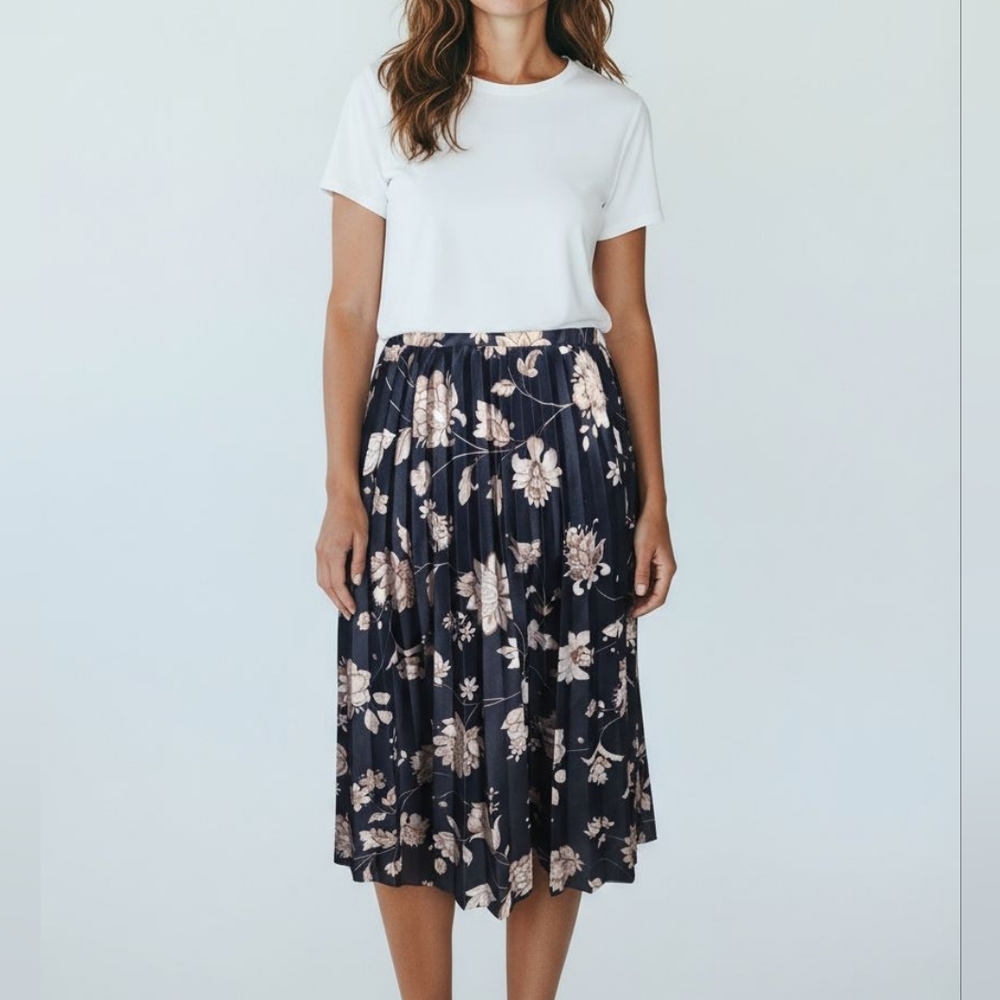Navy Floral Pleated Midi Skirt